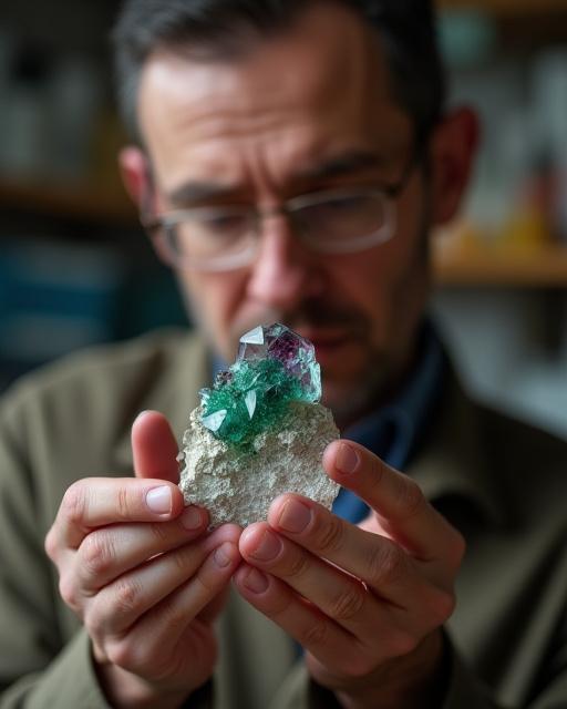 Fondatore di Pietra Ludica che esamina un cristallo di tormalina con meticolosa attenzione