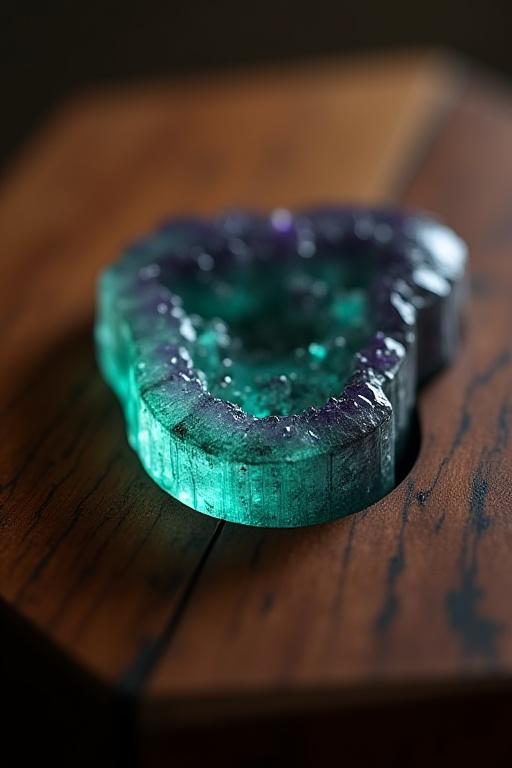 Dettaglio ravvicinato di un cristallo di fluorite naturale incastonato artisticamente in un tavolo da gioco artigianale