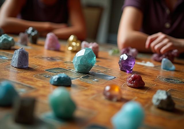Una partita animata in corso del nostro avvincente gioco da tavolo 'Crystal Raiders', con pezzi unici e tabellone dettagliato